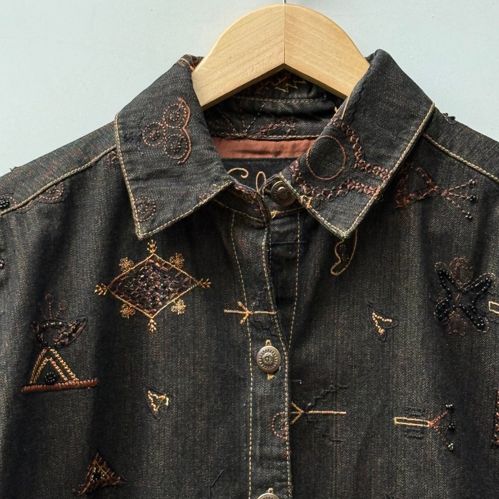 Chico's Jacket Womens 1 Medium Brown Native Southwest Embellished Denim Shacket - Picture 2 of 9